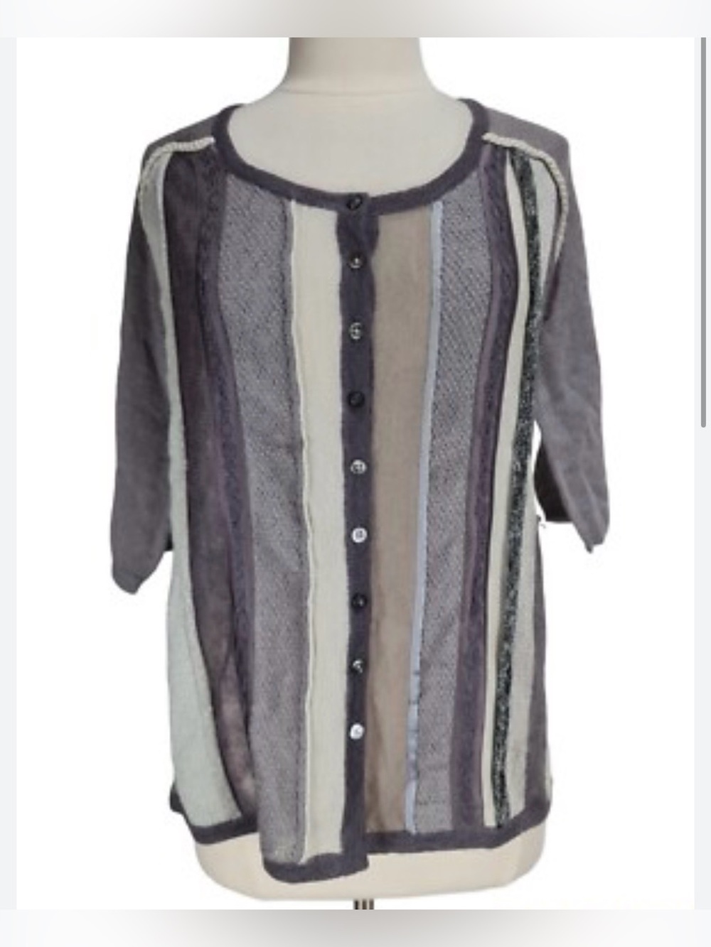 J. Jill Gray Blue Striped Knit Cardigan Sweater Womens Wool Mohair Blend LP
